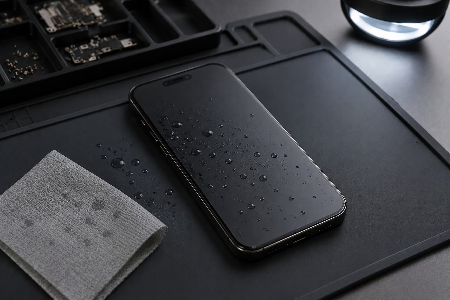Téléphone préparé pour une inspection après dégât d'eau